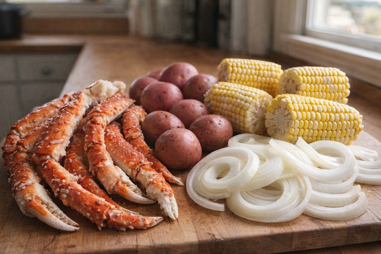 A close-up shot of raw crab legs, red potatoes, corn on the cob, and sliced onions arranged on a wooden cutting board, natural light